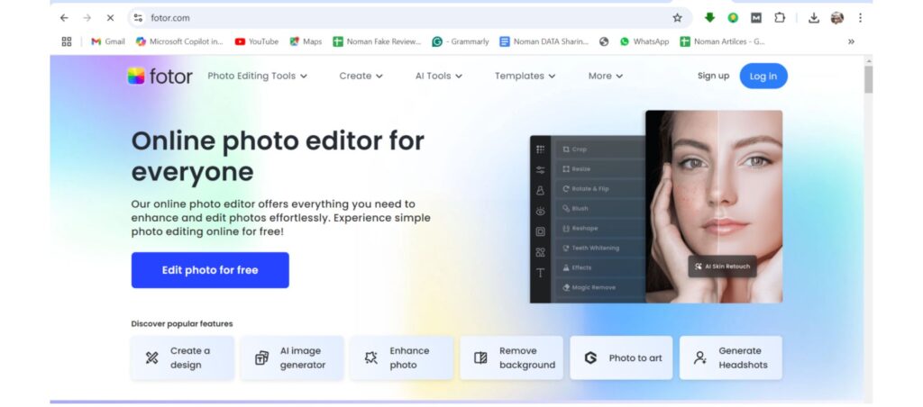 Fotor online photo editor homepage showcasing tools for editing, enhancing, and creating images, including AI skin retouch, background removal, and more on iPhone.