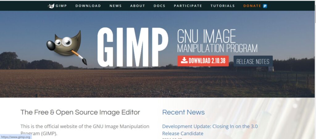 GIMP official page featuring free and open-source image editor with download option for GNU Image Manipulation Program.