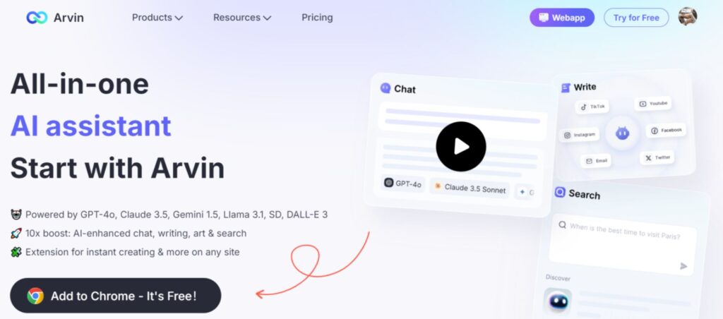 Arvin AI assistant homepage highlighting features like AI-enhanced chat, writing, art, and search powered by GPT-4, Claude 3.5, and DALL-E 3.