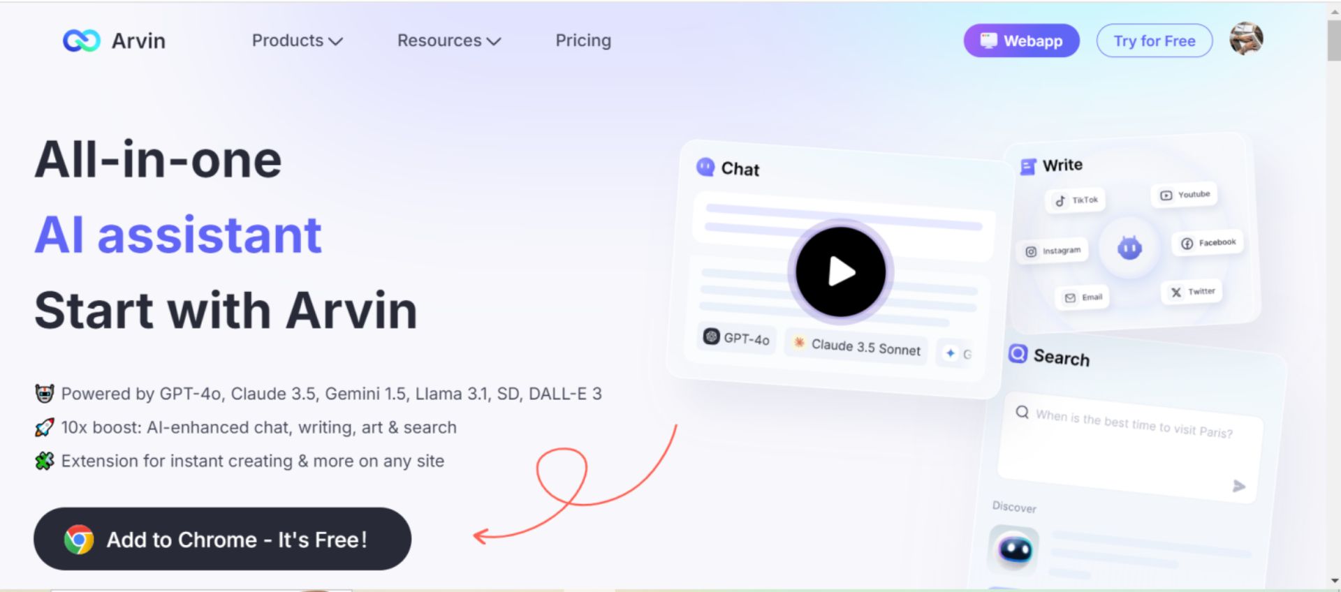Arvin AI assistant featuring GPT-4, Claude 3.5, and tools for chat, writing, and search. Free Chrome extension available.