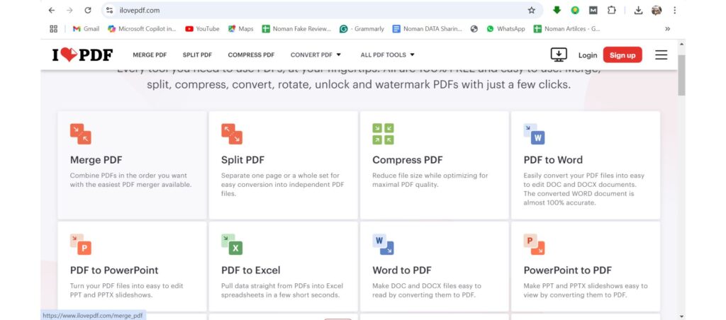 iLovePDF interface displaying tools like Merge, Split, Compress PDF, PDF to Word, and PDF to Excel for easy PDF management and conversion.