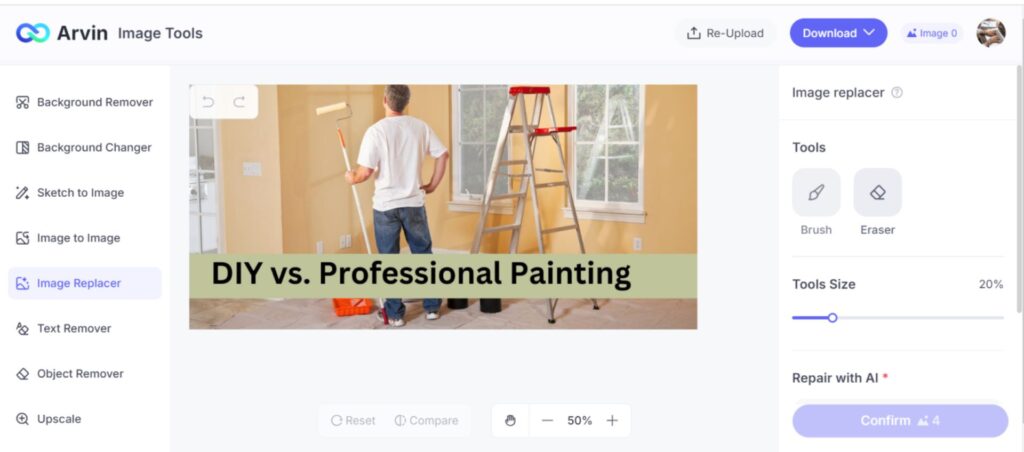 Arvin AI interface displaying the image replacer tool with brush and eraser options, allowing AI-powered image modification and seamless repairs.