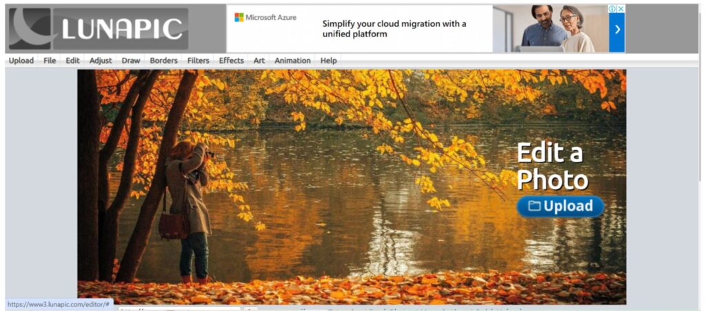 LunaPic editor offering tools to upload and edit images with features like filters, effects, and other creative options.