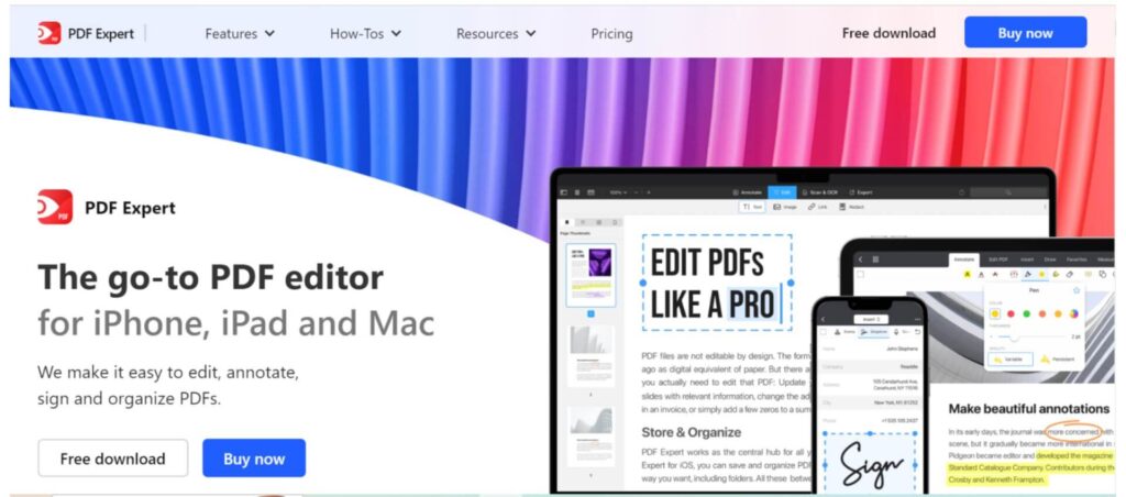 PDF Expert homepage showcasing its PDF editing features for iPhone, iPad, and Mac, allowing users to edit, annotate, sign, and organize PDF documents easily.