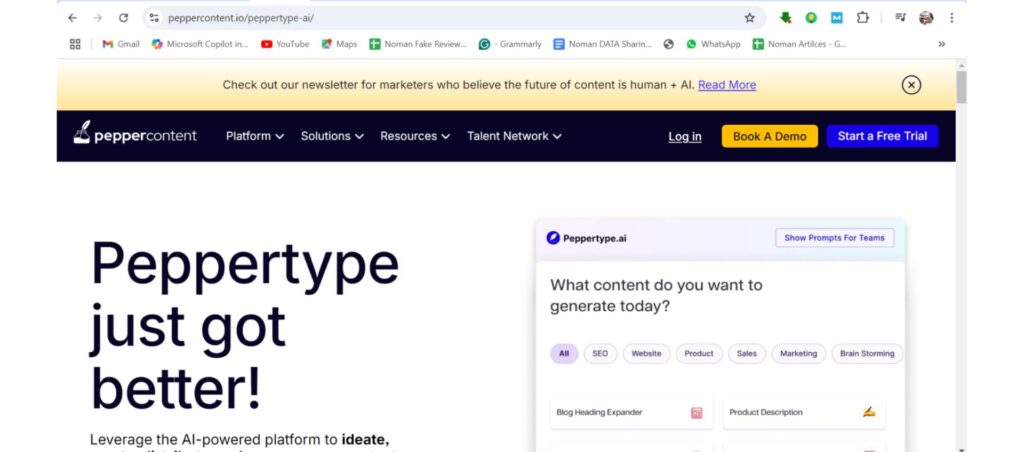 Peppertype AI platform for content generation, offering tools for SEO, marketing, and brainstorming to create high-quality content efficiently.