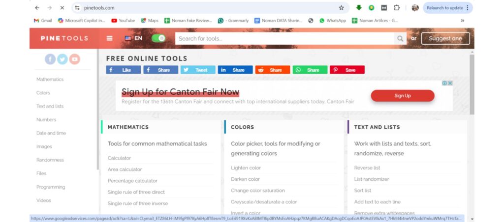 PineTools website offering free tools for math, colors, pixel image editing, text, and lists, with options to share and sign up.