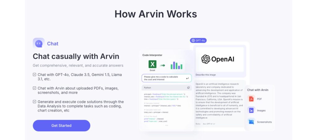 Overview of how Arvin AI works, featuring casual chat, data integration, and AI-powered assistance.