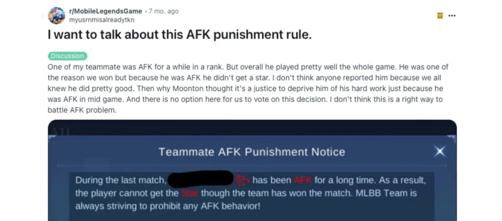 AFK punishment rule shown on Reddit