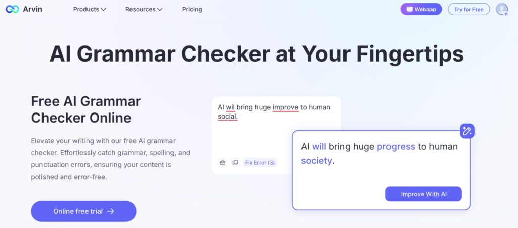 Arvin AI Grammar Checker Bear with Me