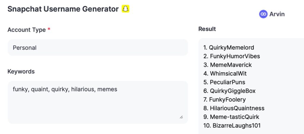 Arvin AI Snapchat username generator sample