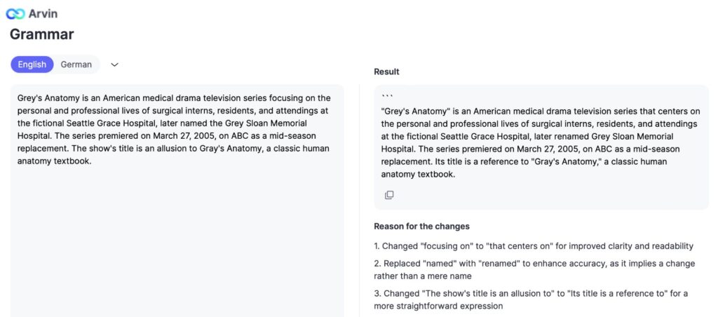 Grammar Checker Arvin AI Grey's Anatomy