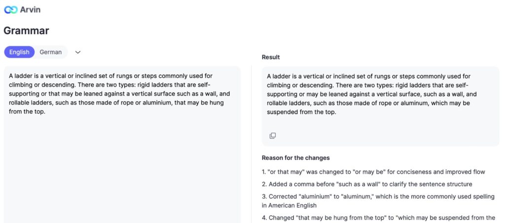 Grammar Checker Arvin AI Ladder vs Latter