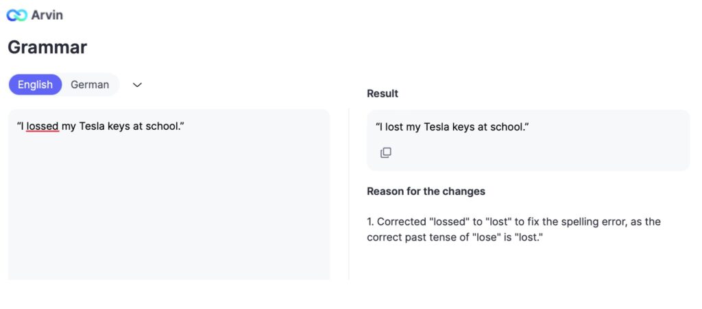 Grammar Checker Arvin AI lost vs lossed
