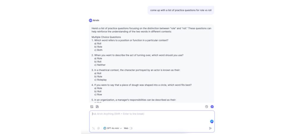 Arvin AI chat on practice questions