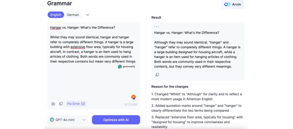 Testing using Grammarly's hanger vs hangar text witih Arvin AI's Grammar Checker.