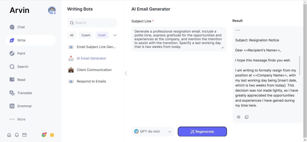 How to Write a Resignation Email Arvin AI check your email for grammar and tone