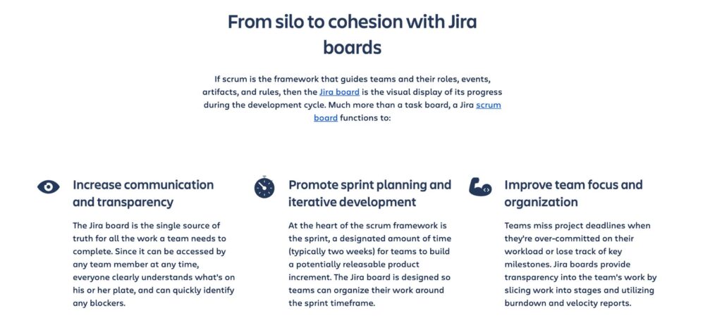 Jira boards improve team collaboration by increasing communication, aiding sprint planning, and enhancing focus and organization.