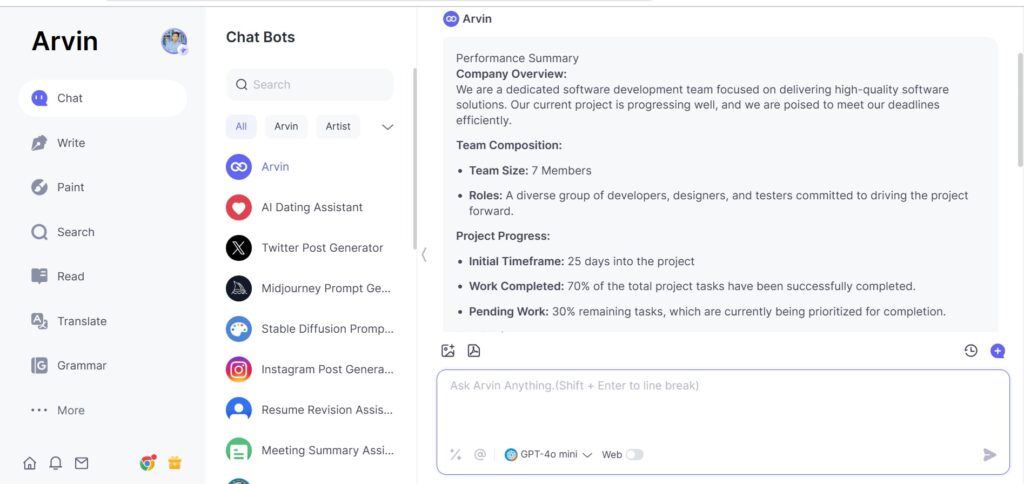 Performance Review Summary Examples Give the Prompt to Arvin for writing Performance summary with your given data