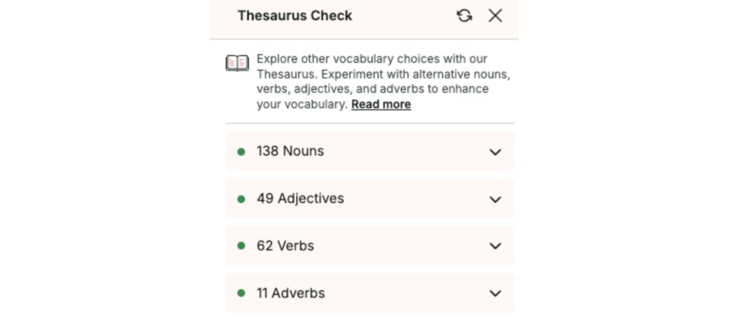 Thesaurus Check tool for exploring alternative nouns, verbs, adjectives, and adverbs to enhance vocabulary.