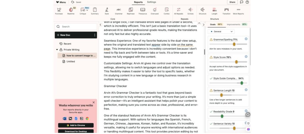 ProWritingAid writing editor dashboard with grammar, style, readability, and translation tools for multilingual content optimization.