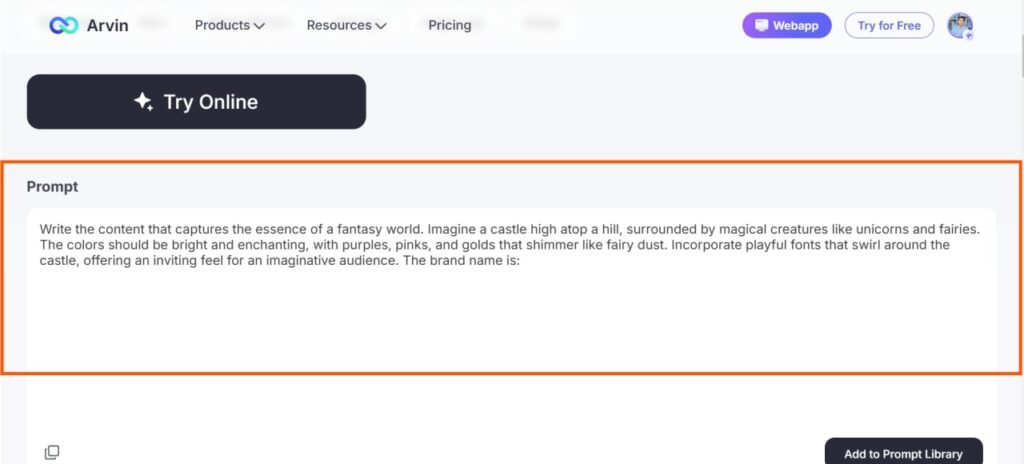 Using Arvin AI’s Writer for Fantasy Prompts writing