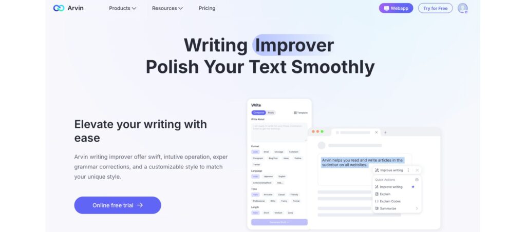Arvin AI Writing Improver Bear with Me