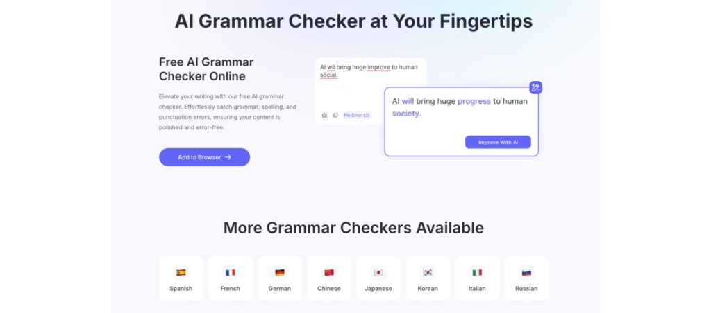 Arvin AI grammar checker tool offering free online grammar correction for multiple languages, improving spelling and punctuation.