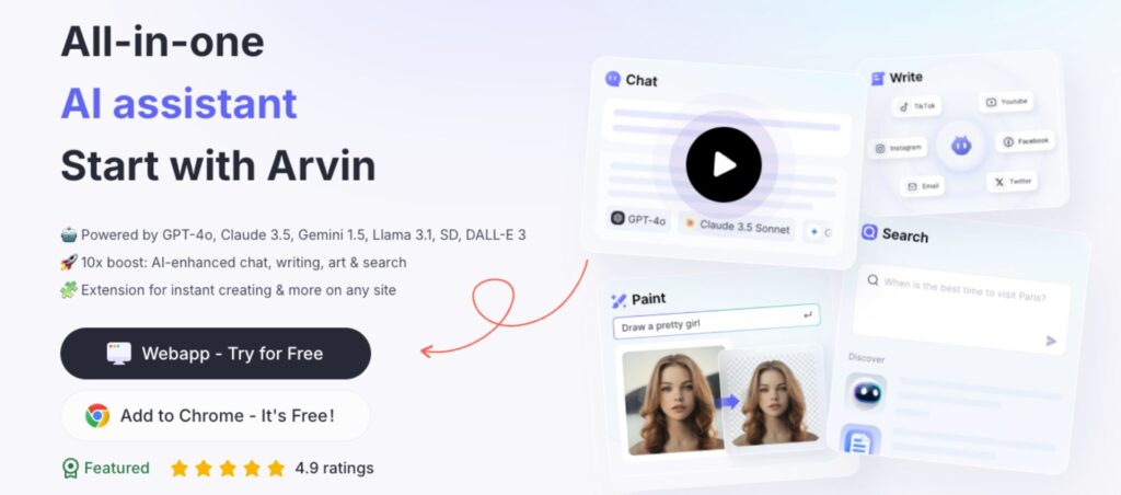 Arvin AI assistant as Grammarly alternatives with chat, writing, and search features, available as a free web app.