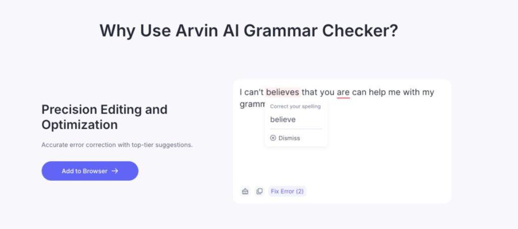 Arvin AI grammar checker offering precision editing and optimization with accurate error correction and smart suggestions.