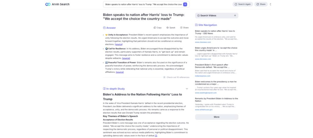 Arvin AI search tool as a Grammarly alternative, showing summarized insights and in-depth study on news topics.