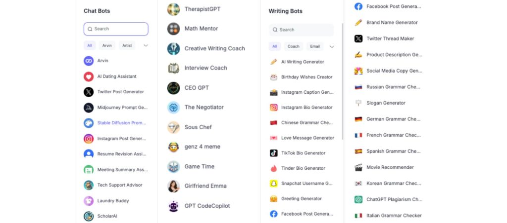 Arvin AI's variety of chat and writing bots as Grammarly alternatives, offering tools for grammar, bios, and social media posts.