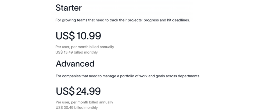 Asana pricing plans: Starter at $10.99/month per user (billed annually), Advanced at $24.99/month per user (billed annually).