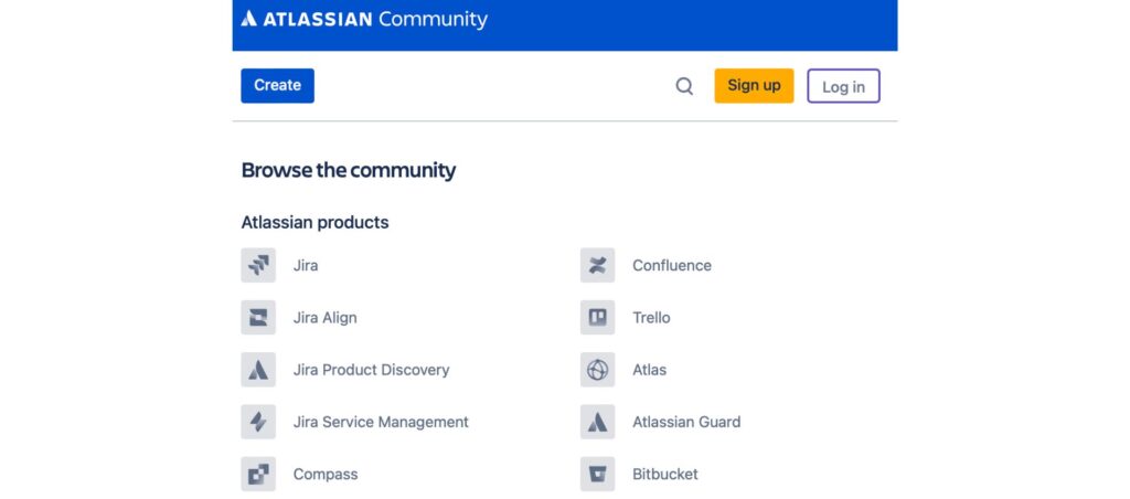 Asana vs Jira: Atlassian Community dashboard showcasing products like Jira, Confluence, Trello, and Bitbucket for project collaboration.