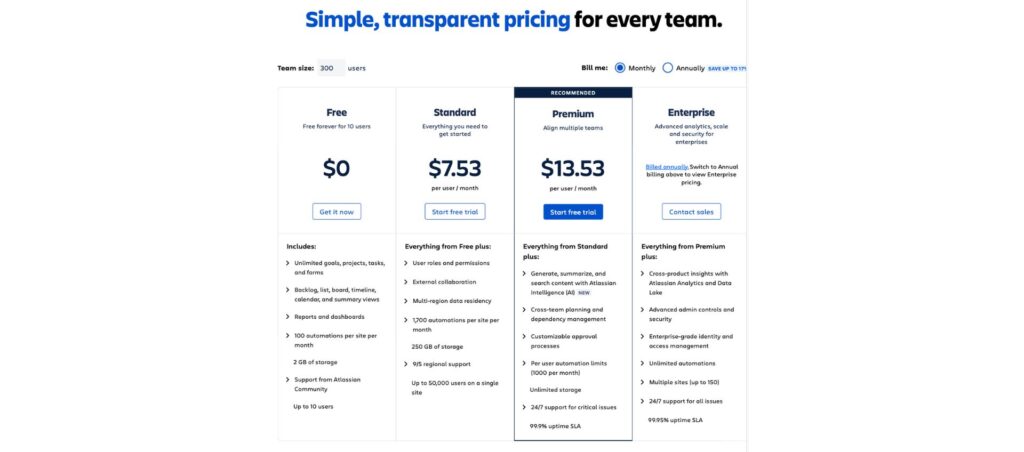 Asana vs Jira: Jira pricing tiers for Free, Standard, Premium, and Enterprise plans with features for project management and team size options.