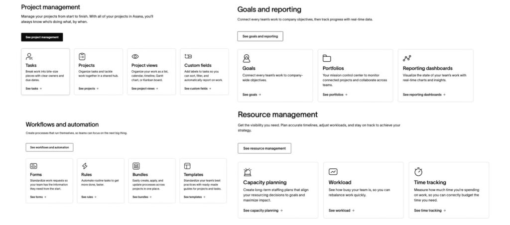 Asana vs Jira: Asana's project management features including tasks, goals, reporting, workflows, automation, and resource management.