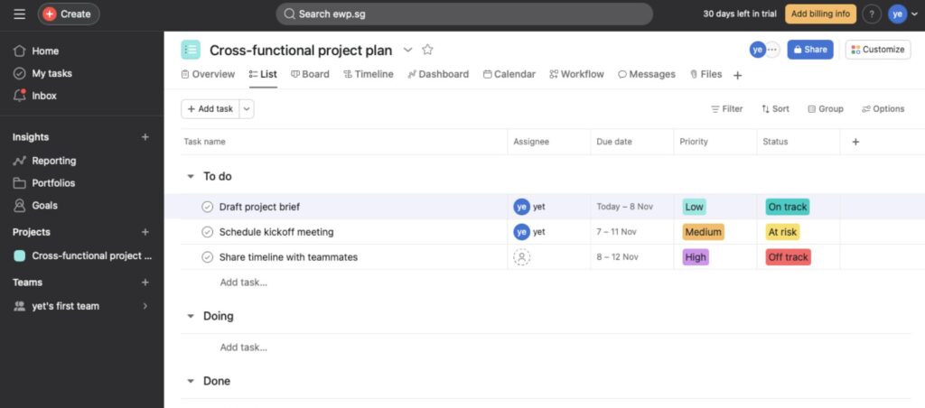 Asana project management interface showing cross-functional project plan with tasks, priorities, and status indicators. Comparison for Asana vs Jira.