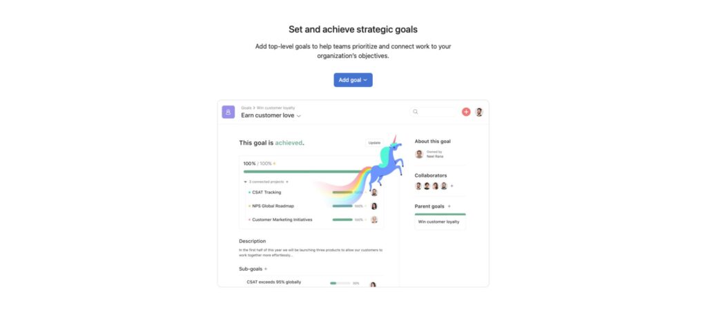 Asana vs Jira: Asana goal tracking interface showing strategic goals, project connections, and achievement progress with a playful unicorn icon.