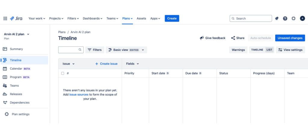 Asana vs Jira: Jira timeline view in project planning with fields for issue tracking, priority, dates, and progress monitoring.