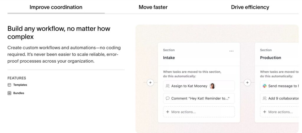 Asana vs Jira: Asana workflow automation setup with sections for Intake and Production, allowing custom tasks and automatic actions.