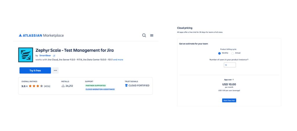 Asana vs Jira: Zephyr Scale app for test management in Jira, with pricing options and user ratings on the Atlassian Marketplace.