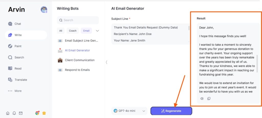 How Arvin AI to Write Thank you Email?