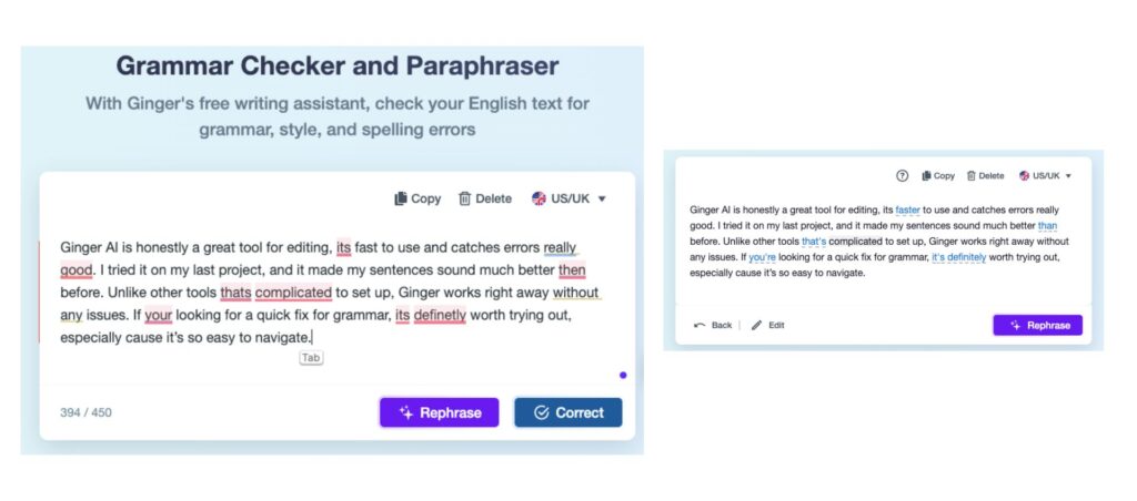 Ginger Grammar Checker and Paraphraser for correcting grammar, style, and spelling errors in English text.