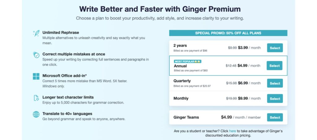 Ginger Premium plans with features like unlimited rephrase, grammar correction, Office add-in, and multi-language support.