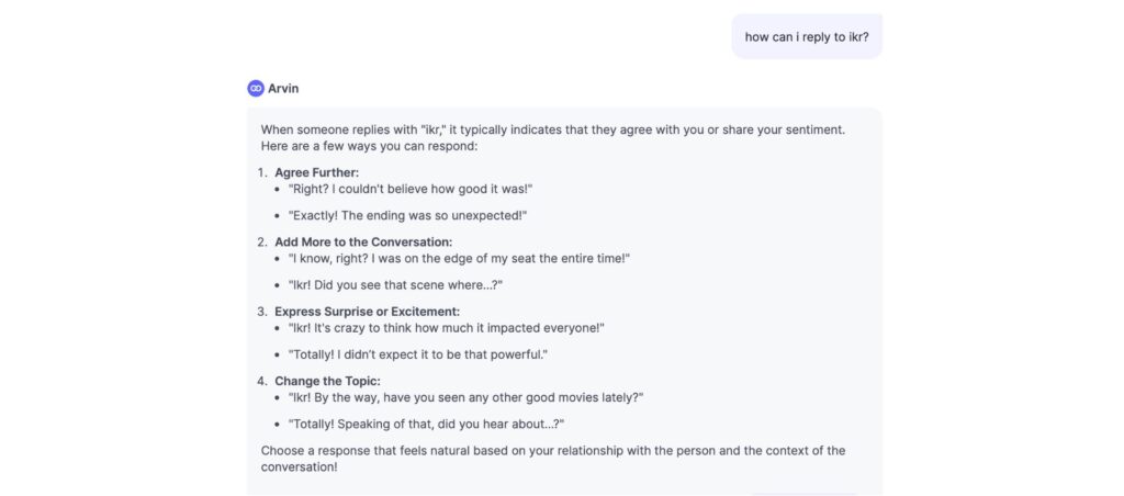 how to reply to ikr text based on arvin ai grammar checker