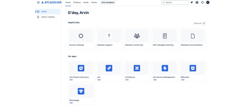 Atlassian dashboard featuring apps like Jira, Confluence, and Bitbucket, highlighting options for comparison in Asana vs Jira.