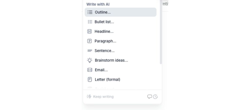 Linguix AI writing suggestions menu with options for outlines, bullet lists, paragraphs, brainstorming, and emails.