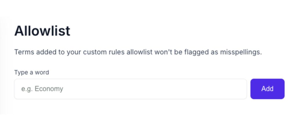 Linguix custom allowlist feature to prevent specific terms from being flagged as misspellings.