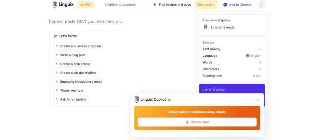 Linguix writing assistant template options for proposals, blog posts, emails, and subscription prompt for advanced features.