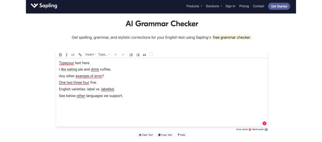 One of the Grammarly alternatives, Sapling AI Grammar Checker interface for spelling, grammar.