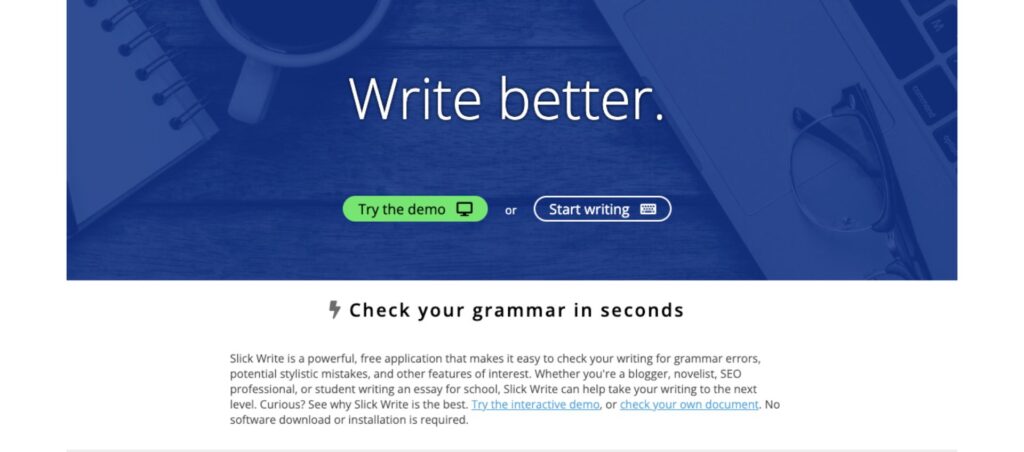 Slick Write grammar check tool homepage offering quick grammar and style checks for improved writing.